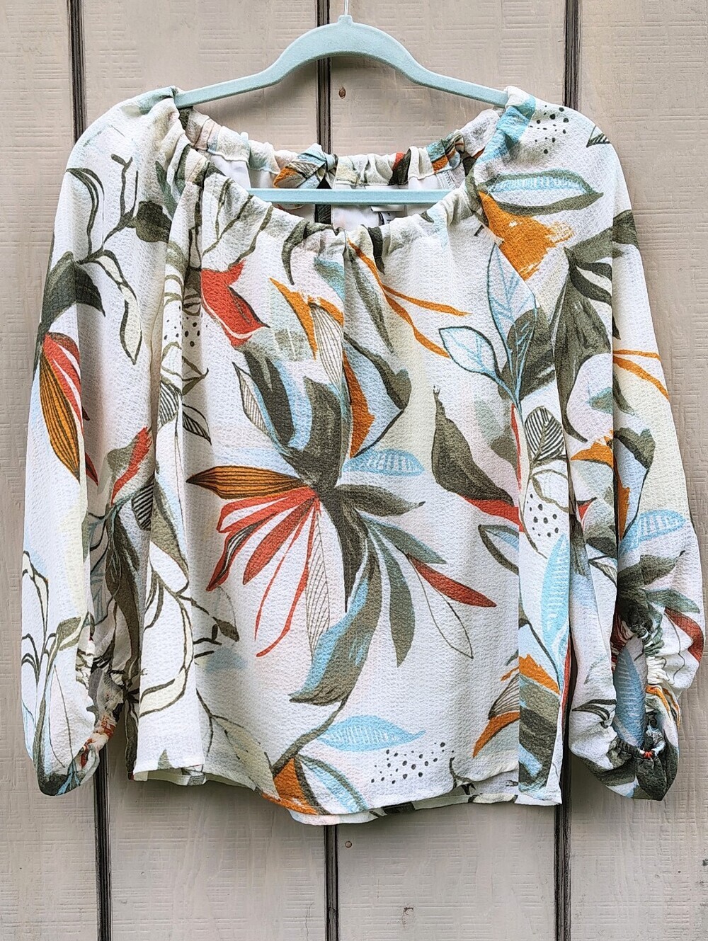 a new day Floral Peasant Office Top Cream Green Gathered Neckline Relaxed Career